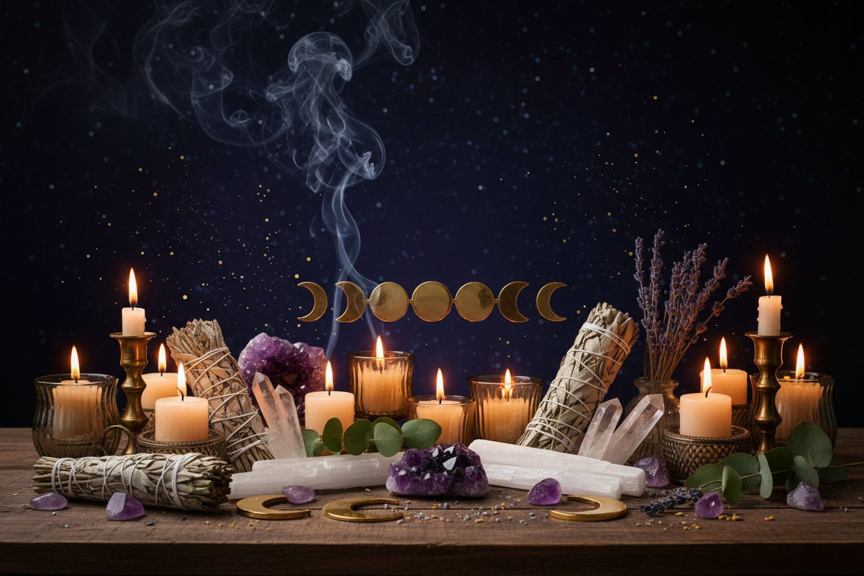 Create a new years background of a celebration for new beginnings and make it witchy. include stuff like sage and crystals to incorporate new beginnings. and no text